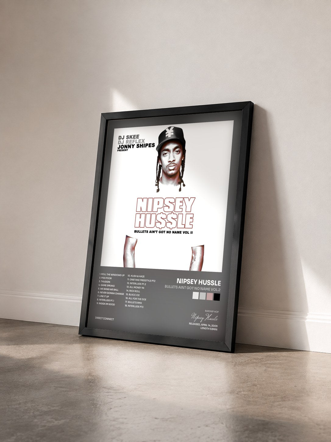 #noir Tableau de l'album Bullets Aint Got No Name Vol.2 de Nipsey Hussle vu de trois quarts, cadre noir