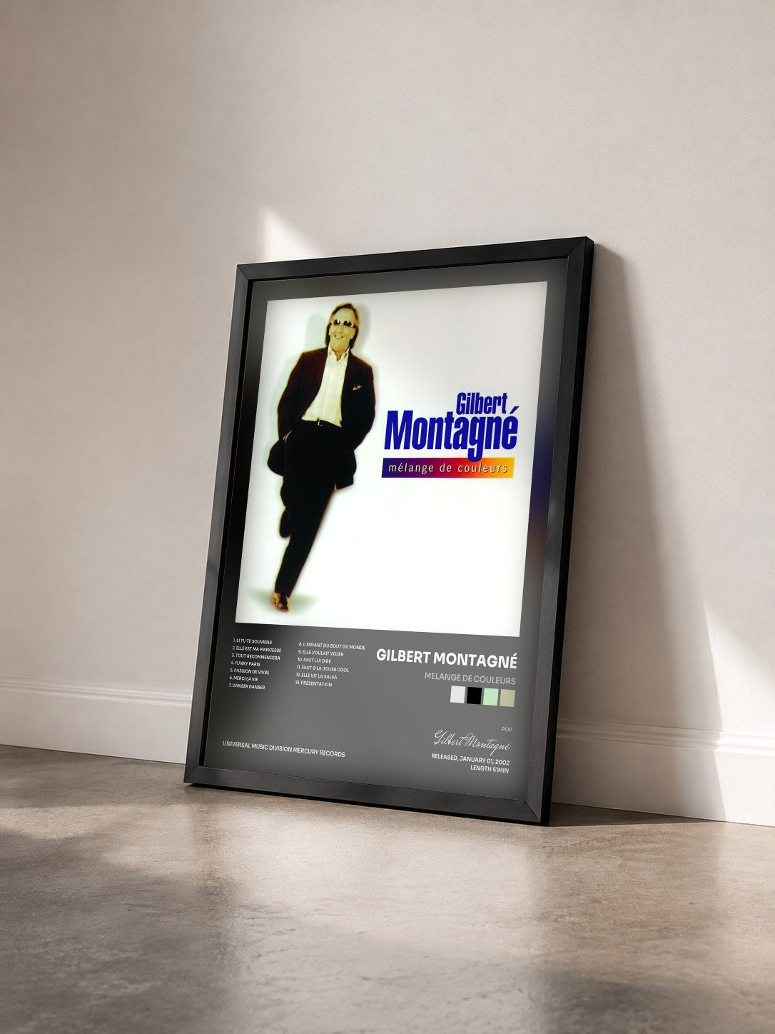 #noir Tableau de l'album Melange De Couleurs de Gilbert Montagné vu de trois quarts, cadre noir