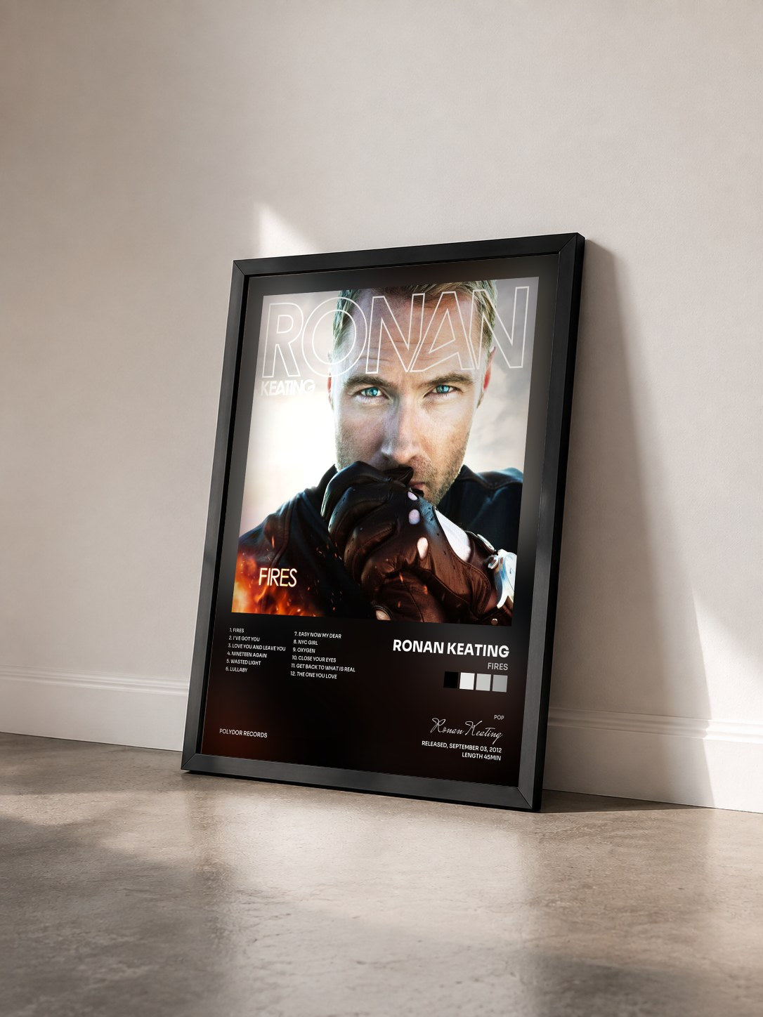 #noir Tableau de l'album Fires de Ronan Keating vu de trois quarts, cadre noir