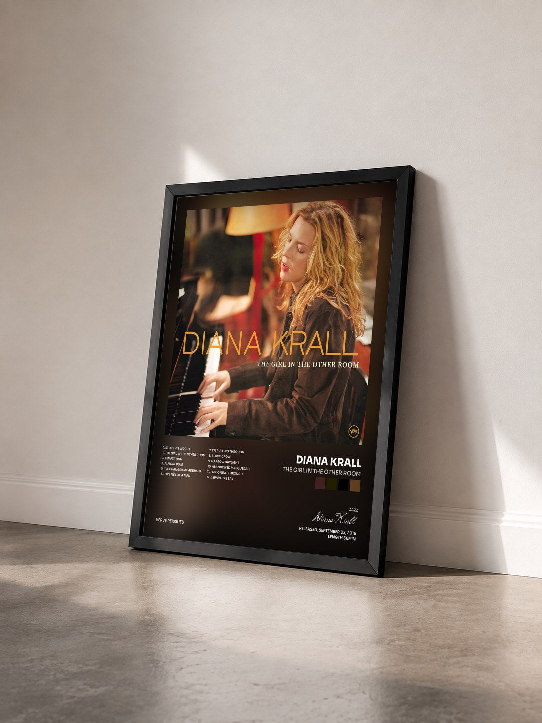 #noir Tableau de l'album The Girl In The Other Room de Diana Krall vu de trois quarts, cadre noir