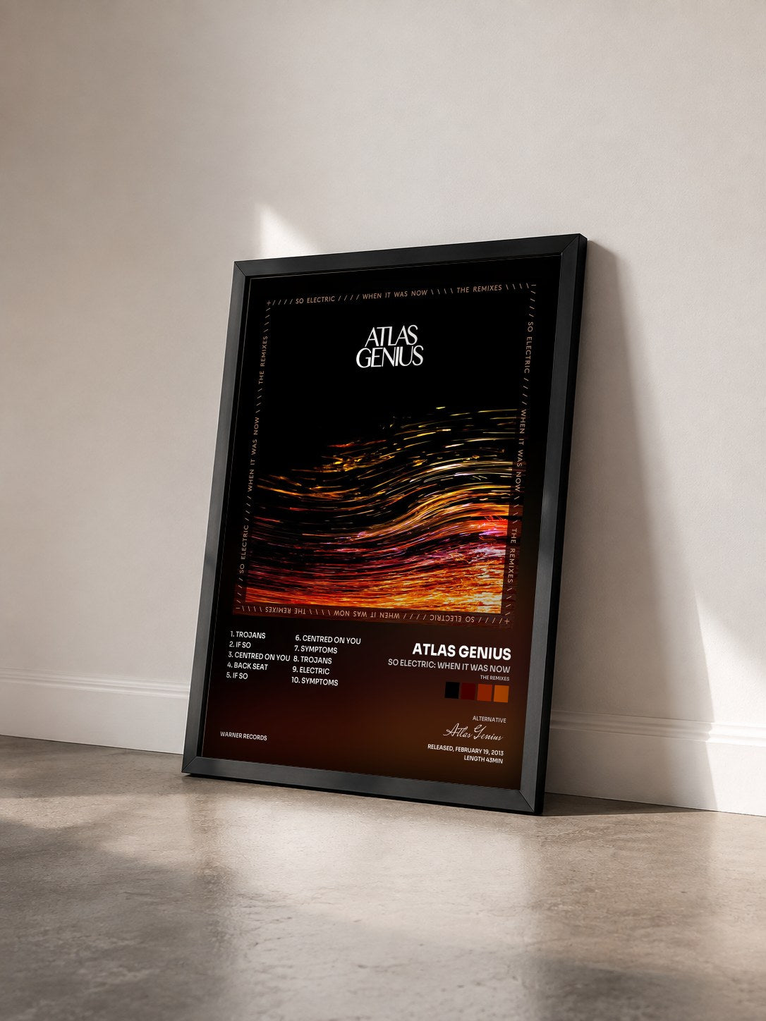 #noir Tableau de l'album So Electric: When It Was Now (The Remixes) de Atlas Genius vu de trois quarts, cadre noir