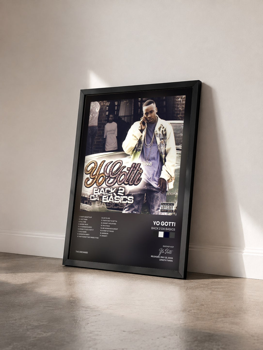 #noir Tableau de l'album Back 2 Da Basics de Yo Gotti vu de trois quarts, cadre noir