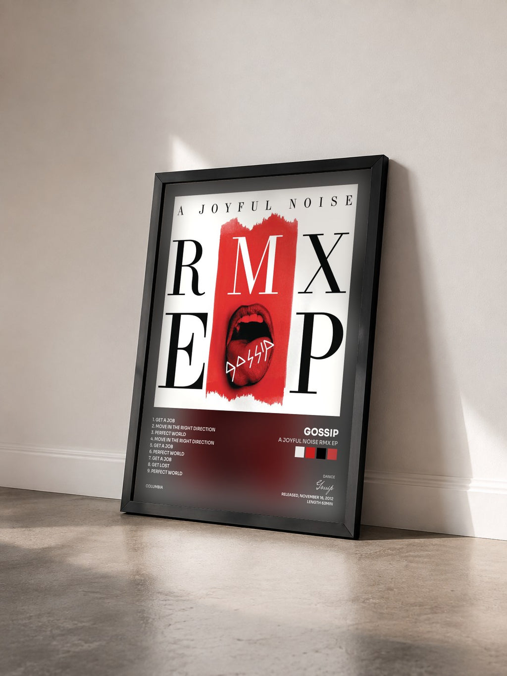 #noir Tableau de l'album A Joyful Noise RMX EP de Gossip vu de trois quarts, cadre noir