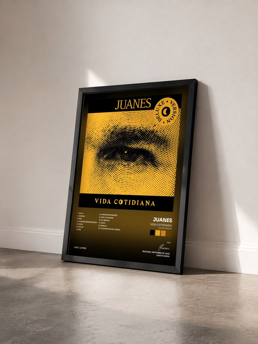 #noir Tableau de l'album Vida Cotidiana (Deluxe Version) de Juanes vu de trois quarts, cadre noir