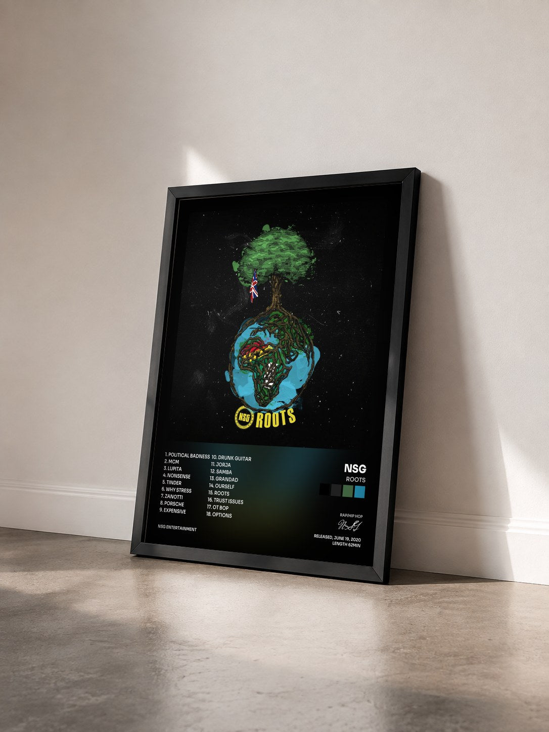 #noir Tableau de l'album Roots de NSG vu de trois quarts, cadre noir