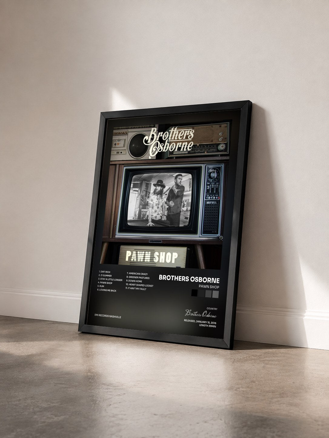 #noir Tableau de l'album Pawn Shop de Brothers Osborne vu de trois quarts, cadre noir