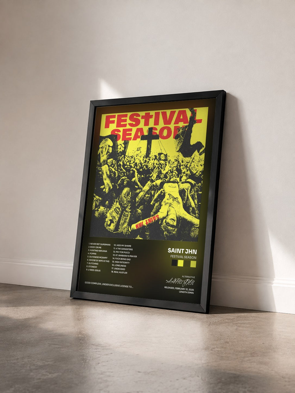 #noir Tableau de l'album FESTIVAL SEASON de SAINt JHN vu de trois quarts, cadre noir