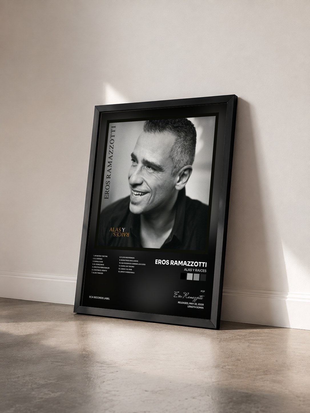 #noir Tableau de l'album Alas Y Raices de Eros Ramazzotti vu de trois quarts, cadre noir