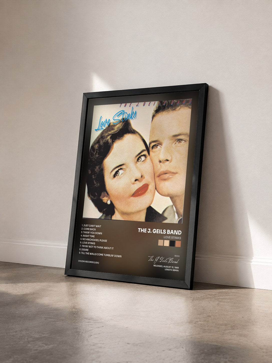 #noir Tableau de l'album Love Stinks de The J. Geils Band vu de trois quarts, cadre noir