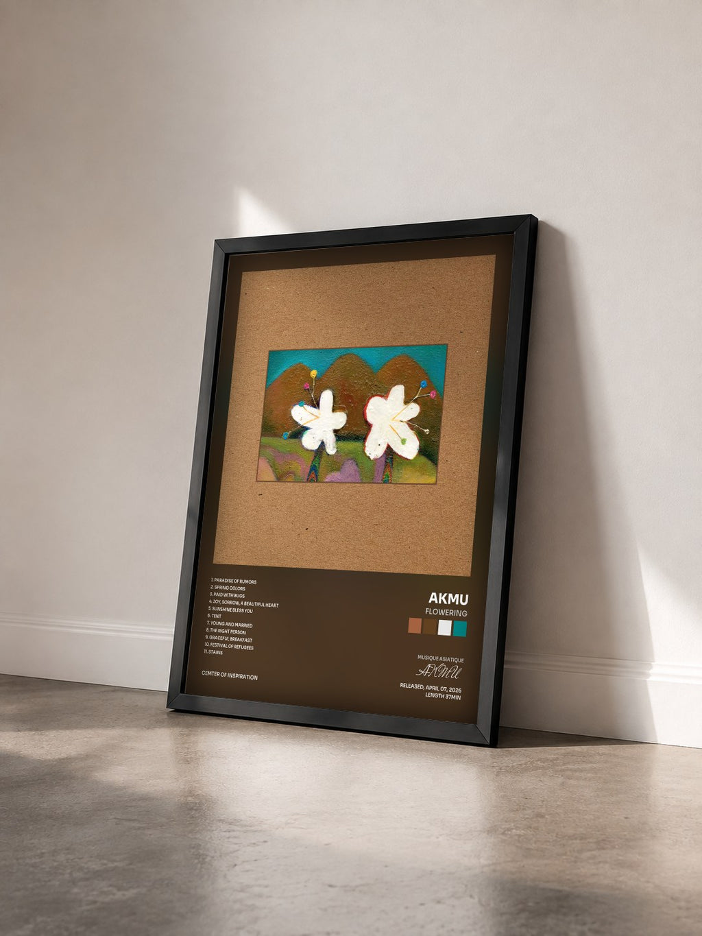 #noir Tableau de l'album FLOWERING de AKMU vu de trois quarts, cadre noir