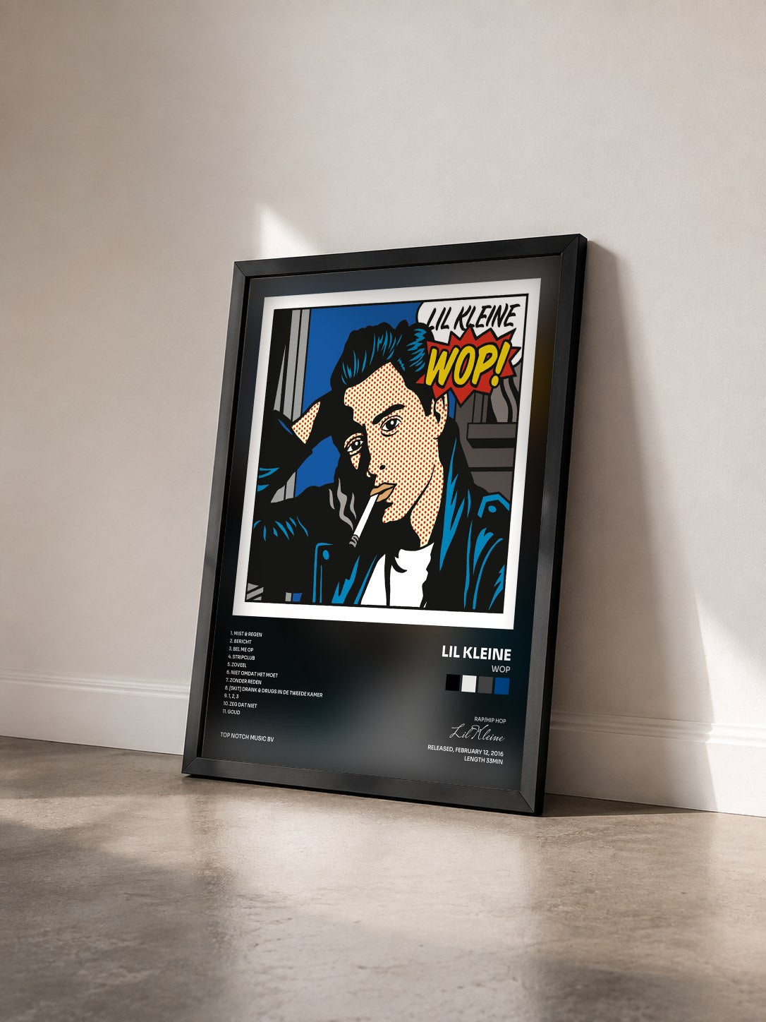 #noir Tableau de l'album WOP de Lil Kleine vu de trois quarts, cadre noir