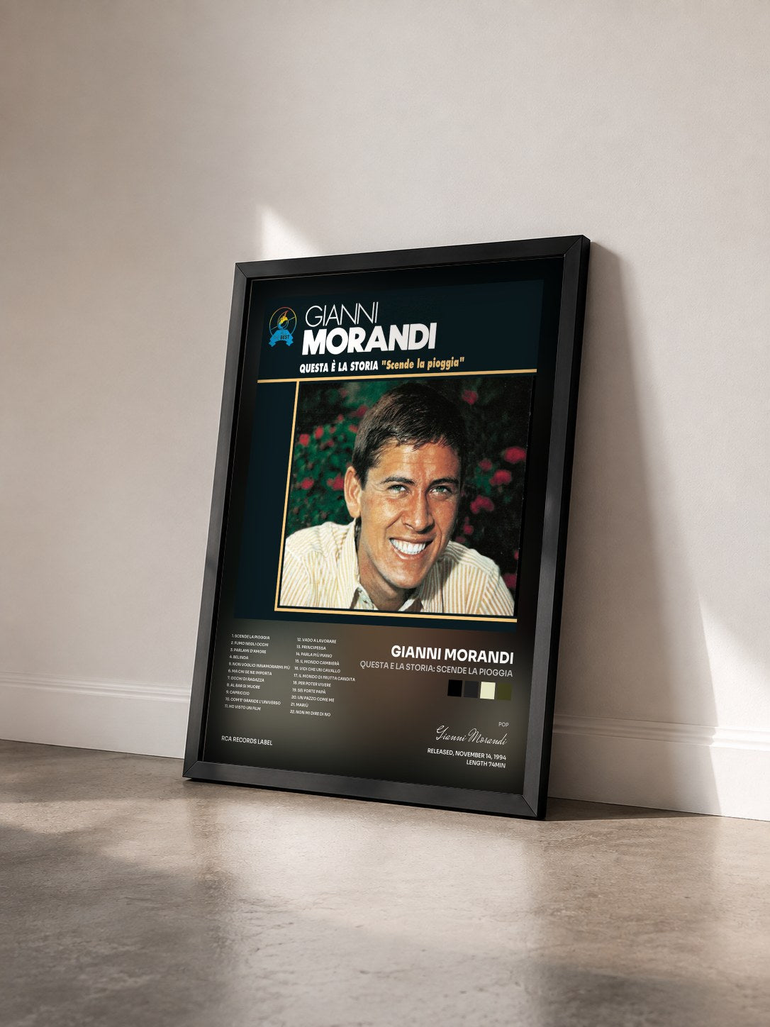 #noir Tableau de l'album Questa E La Storia: Scende La Pioggia de Gianni Morandi vu de trois quarts, cadre noir