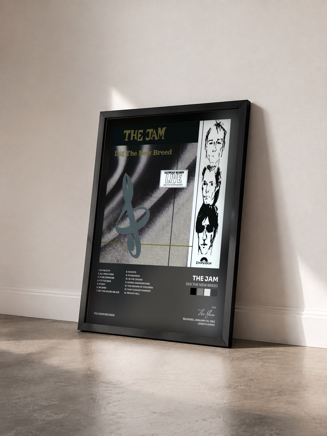 #noir Tableau de l'album Dig The New Breed de The Jam vu de trois quarts, cadre noir