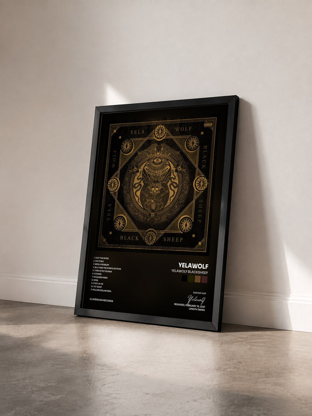 #noir Tableau de l'album Yelawolf Blacksheep de Yelawolf vu de trois quarts, cadre noir