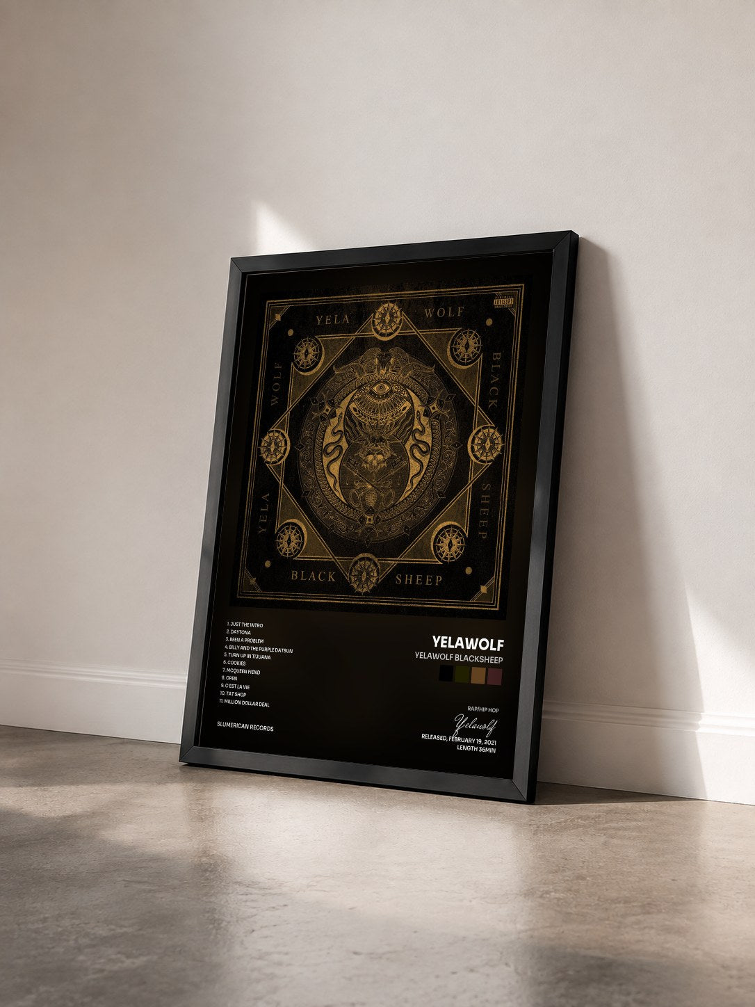 #noir Tableau de l'album Yelawolf Blacksheep de Yelawolf vu de trois quarts, cadre noir