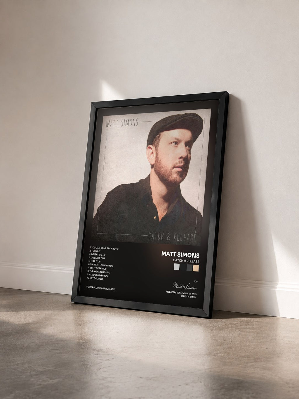 #noir Tableau de l'album Catch & Release de Matt Simons vu de trois quarts, cadre noir