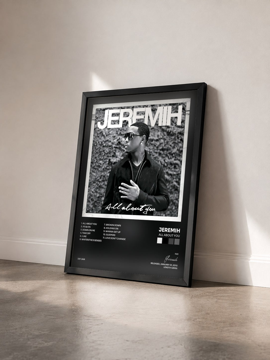 #noir Tableau de l'album All About You de Jeremih vu de trois quarts, cadre noir