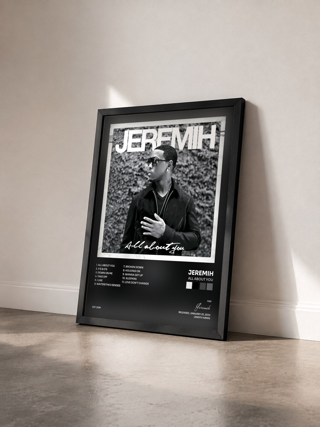 #noir Tableau de l'album All About You de Jeremih vu de trois quarts, cadre noir