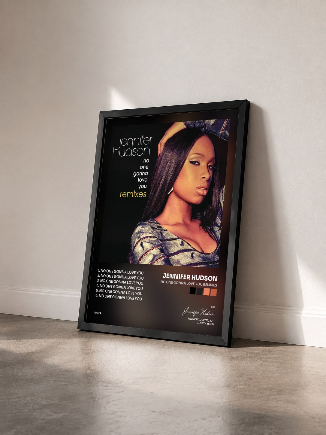 #noir Tableau de l'album No One Gonna Love You Remixes de Jennifer Hudson vu de trois quarts, cadre noir