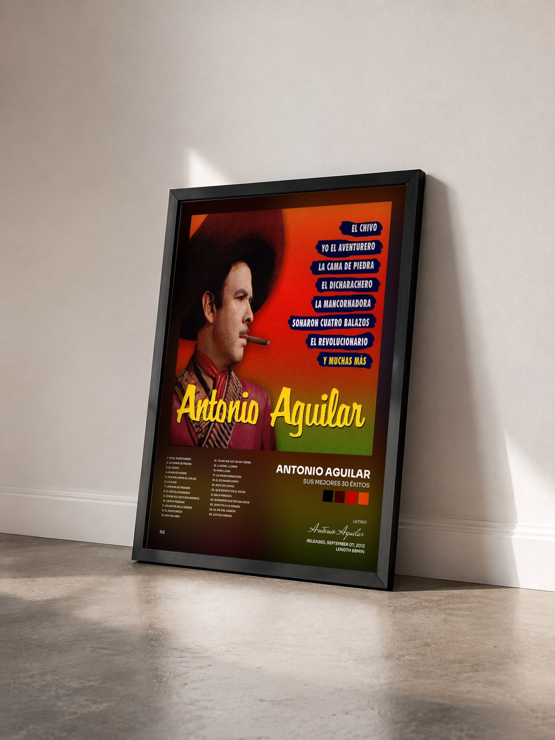 #noir Tableau de l'album Sus Mejores 30 Éxitos de Antonio Aguilar vu de trois quarts, cadre noir