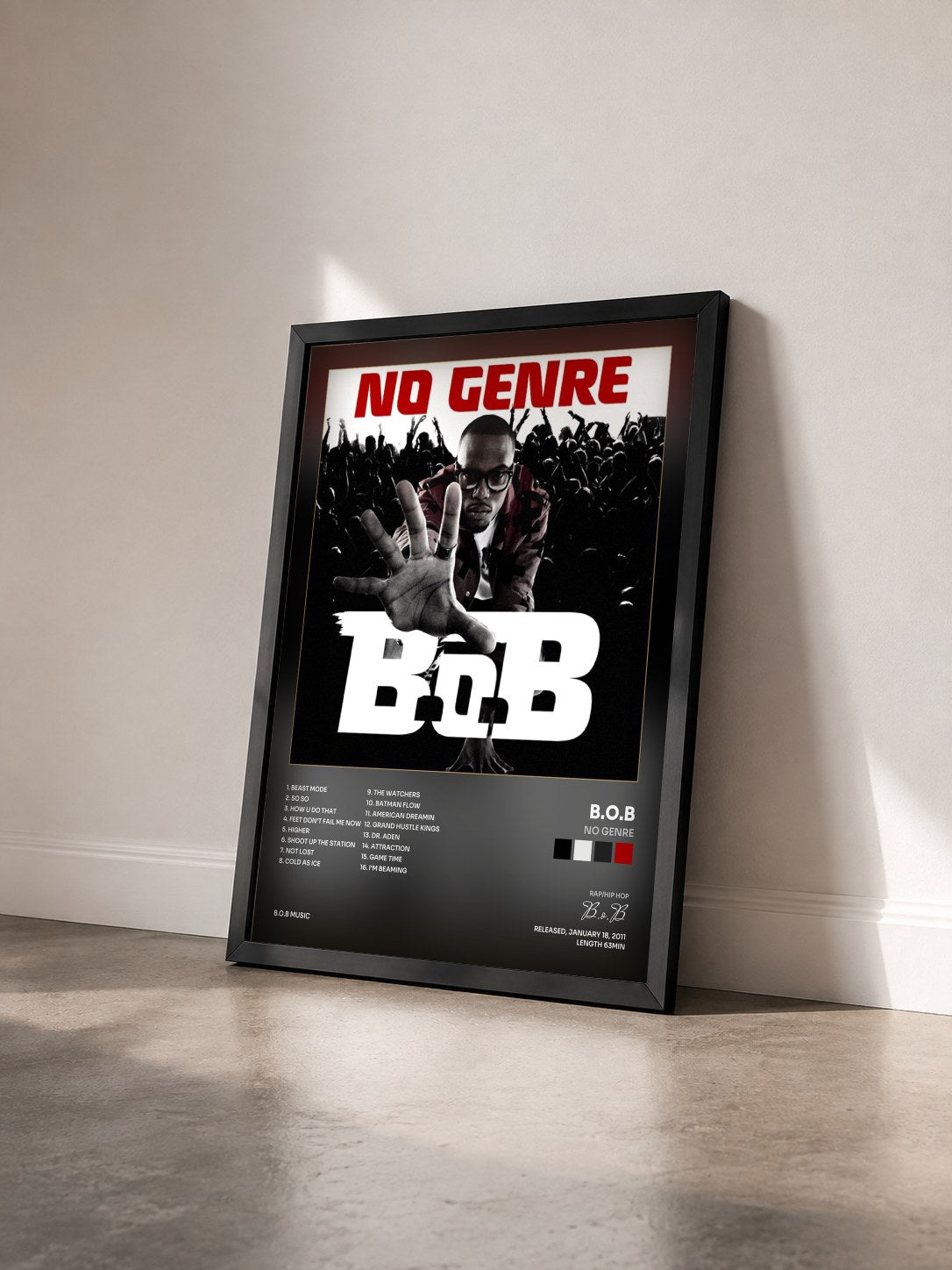 #noir Tableau de l'album No Genre de B.o.B vu de trois quarts, cadre noir
