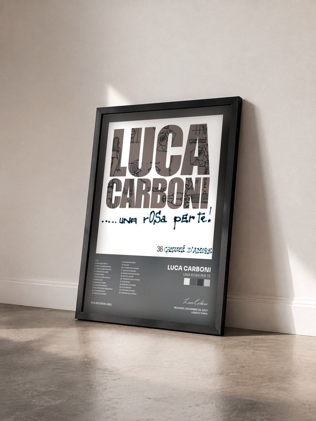 #noir Tableau de l'album Una Rosa Per Te de Luca Carboni vu de trois quarts, cadre noir