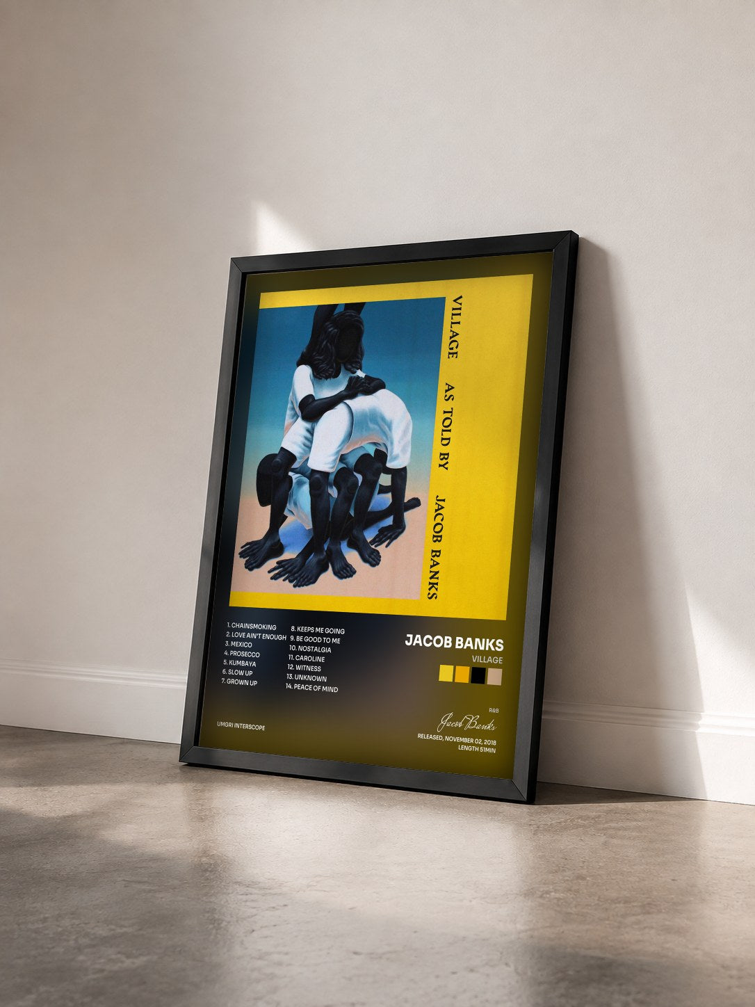 #noir Tableau de l'album Village de Jacob Banks vu de trois quarts, cadre noir