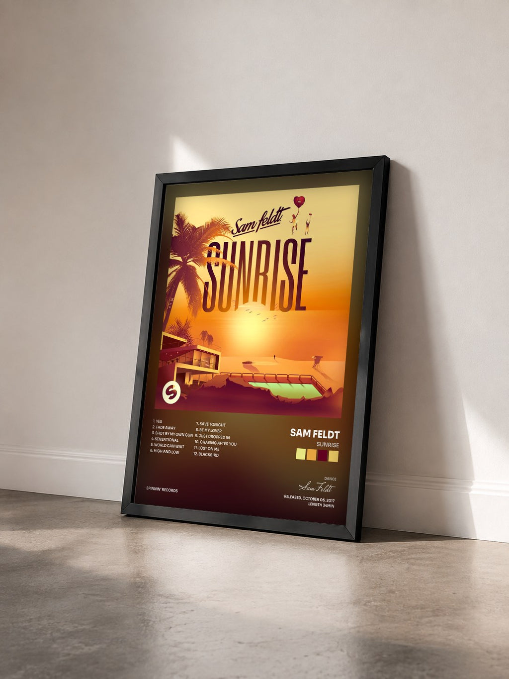 #noir Tableau de l'album Sunrise de Sam Feldt vu de trois quarts, cadre noir