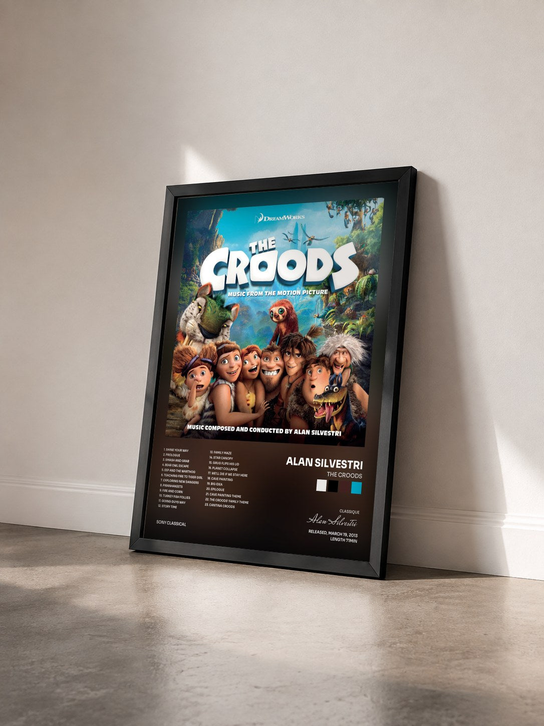 #noir Tableau de l'album The Croods de Alan Silvestri vu de trois quarts, cadre noir