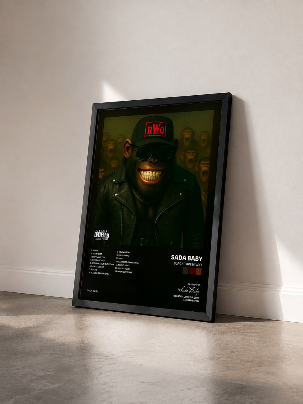 #noir Tableau de l'album Black Tape N.W.O de Sada Baby vu de trois quarts, cadre noir