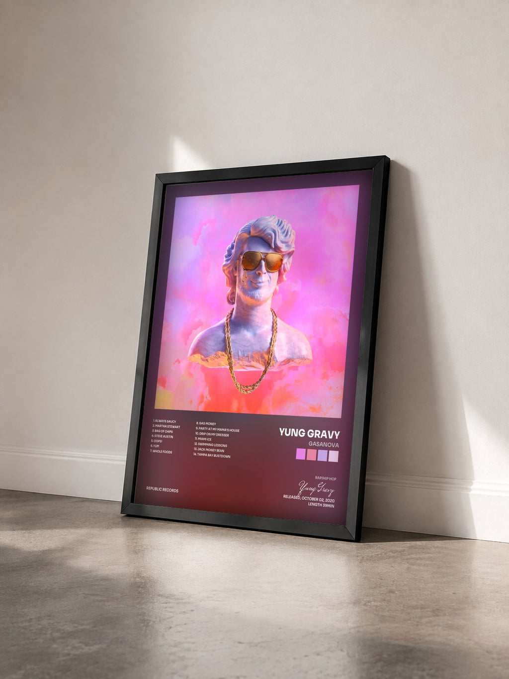 #noir Tableau de l'album Gasanova de Yung Gravy vu de trois quarts, cadre noir
