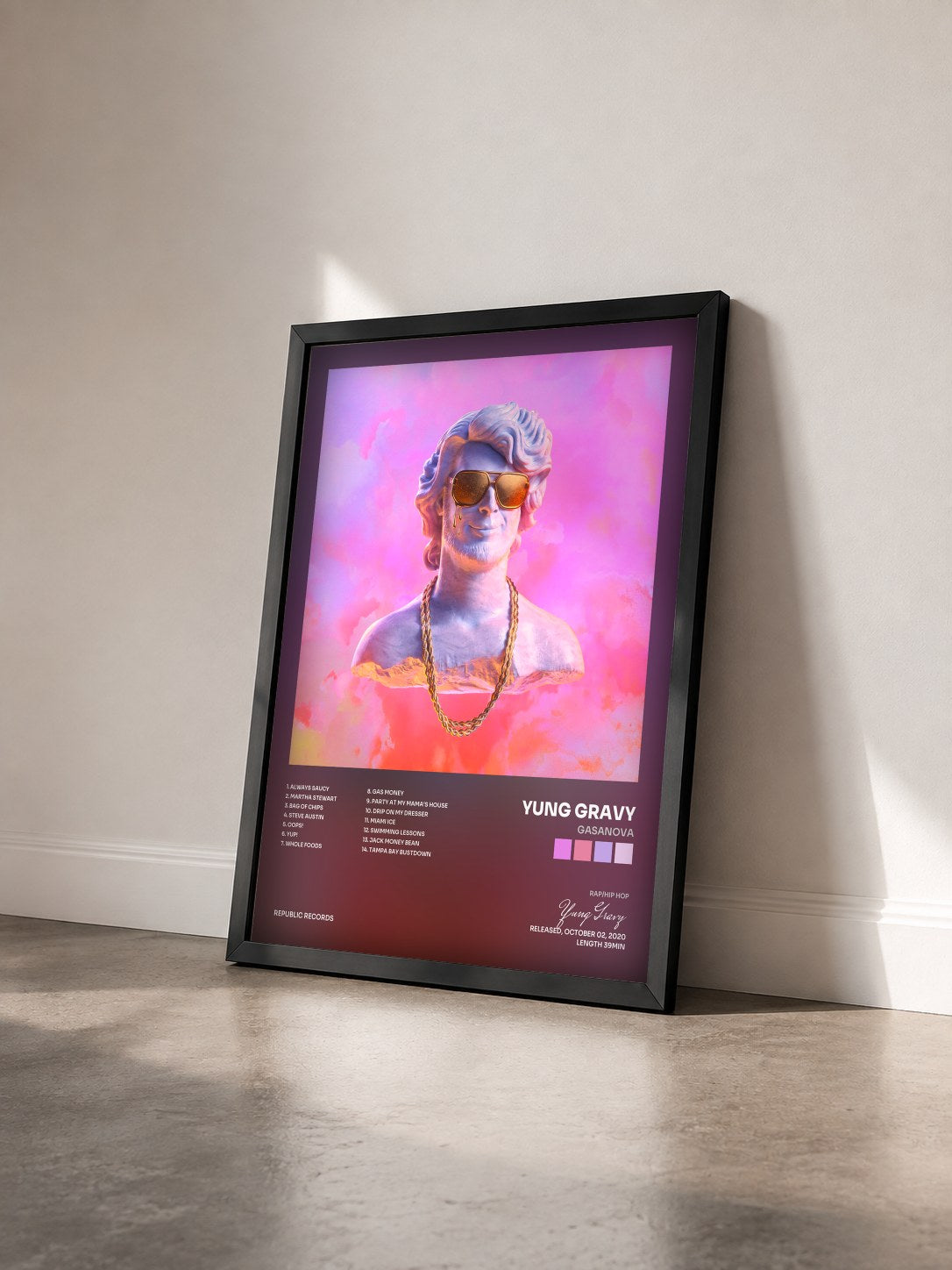 #noir Tableau de l'album Gasanova de Yung Gravy vu de trois quarts, cadre noir