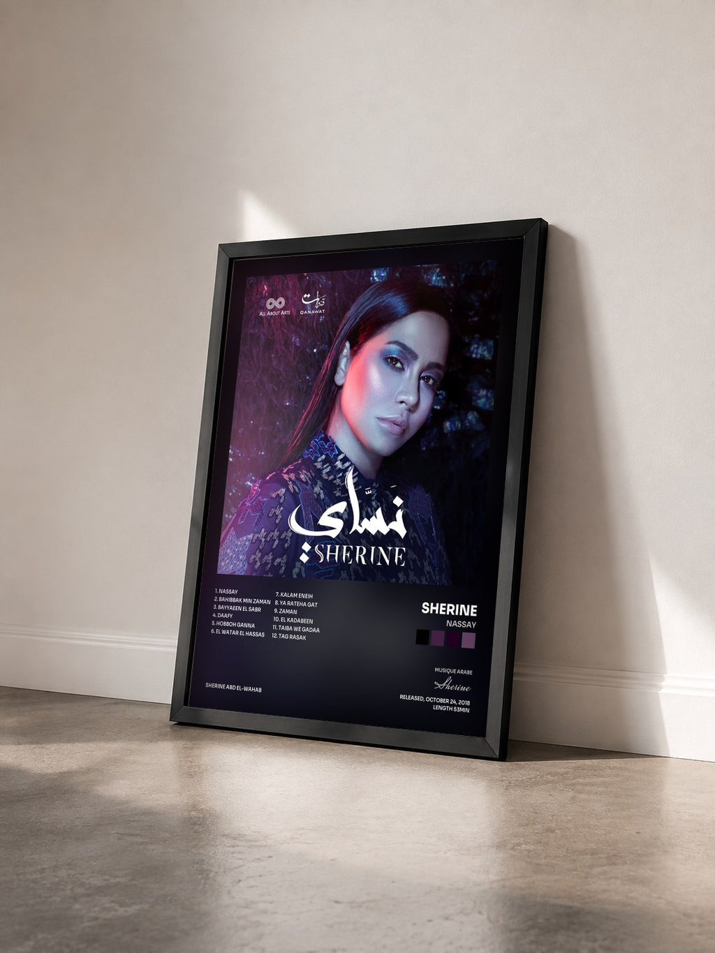 #noir Tableau de l'album Nassay de Sherine vu de trois quarts, cadre noir
