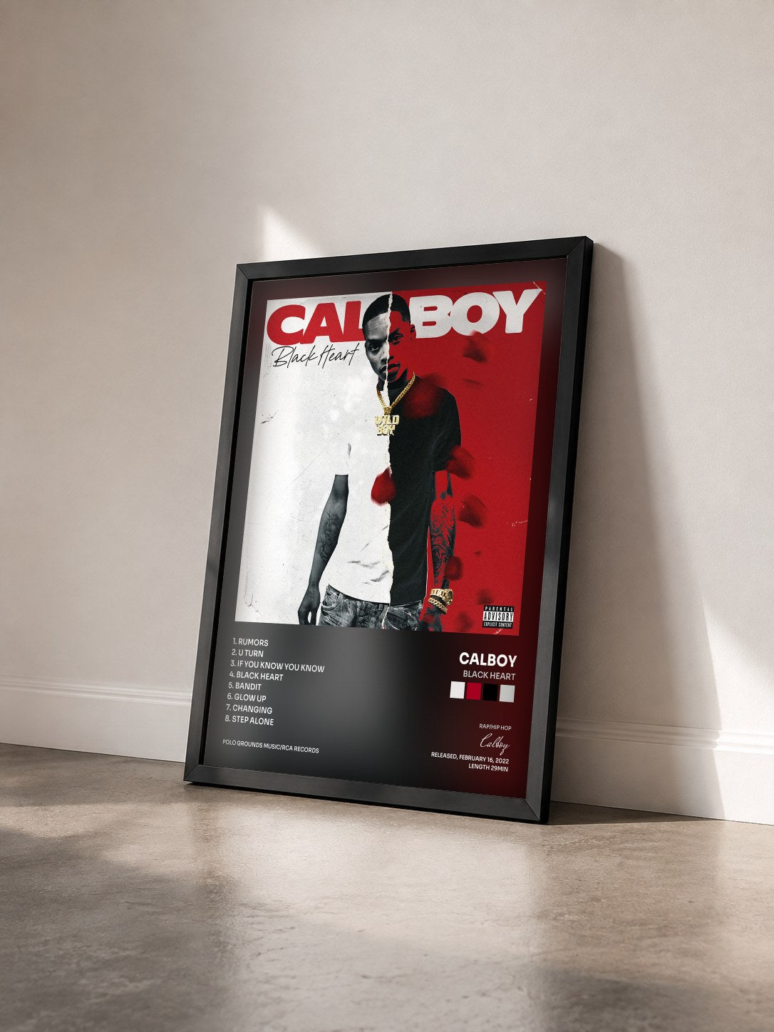 #noir Tableau de l'album Black Heart de Calboy vu de trois quarts, cadre noir