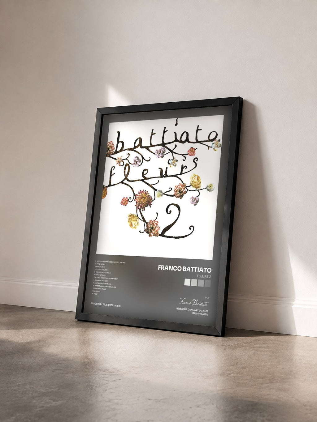 #noir Tableau de l'album Fleurs 2 de Franco Battiato vu de trois quarts, cadre noir