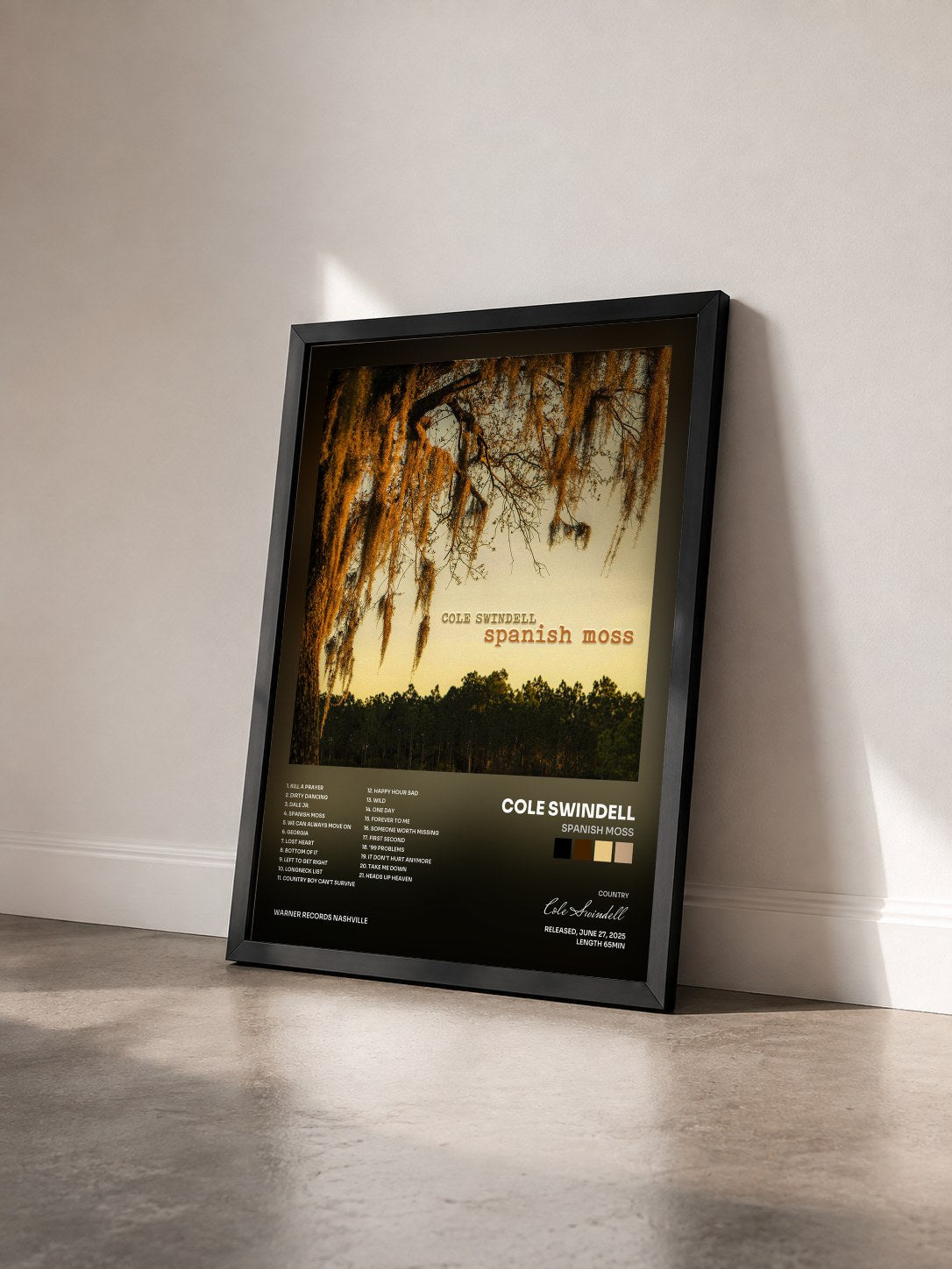 #noir Tableau de l'album Spanish Moss de Cole Swindell vu de trois quarts, cadre noir