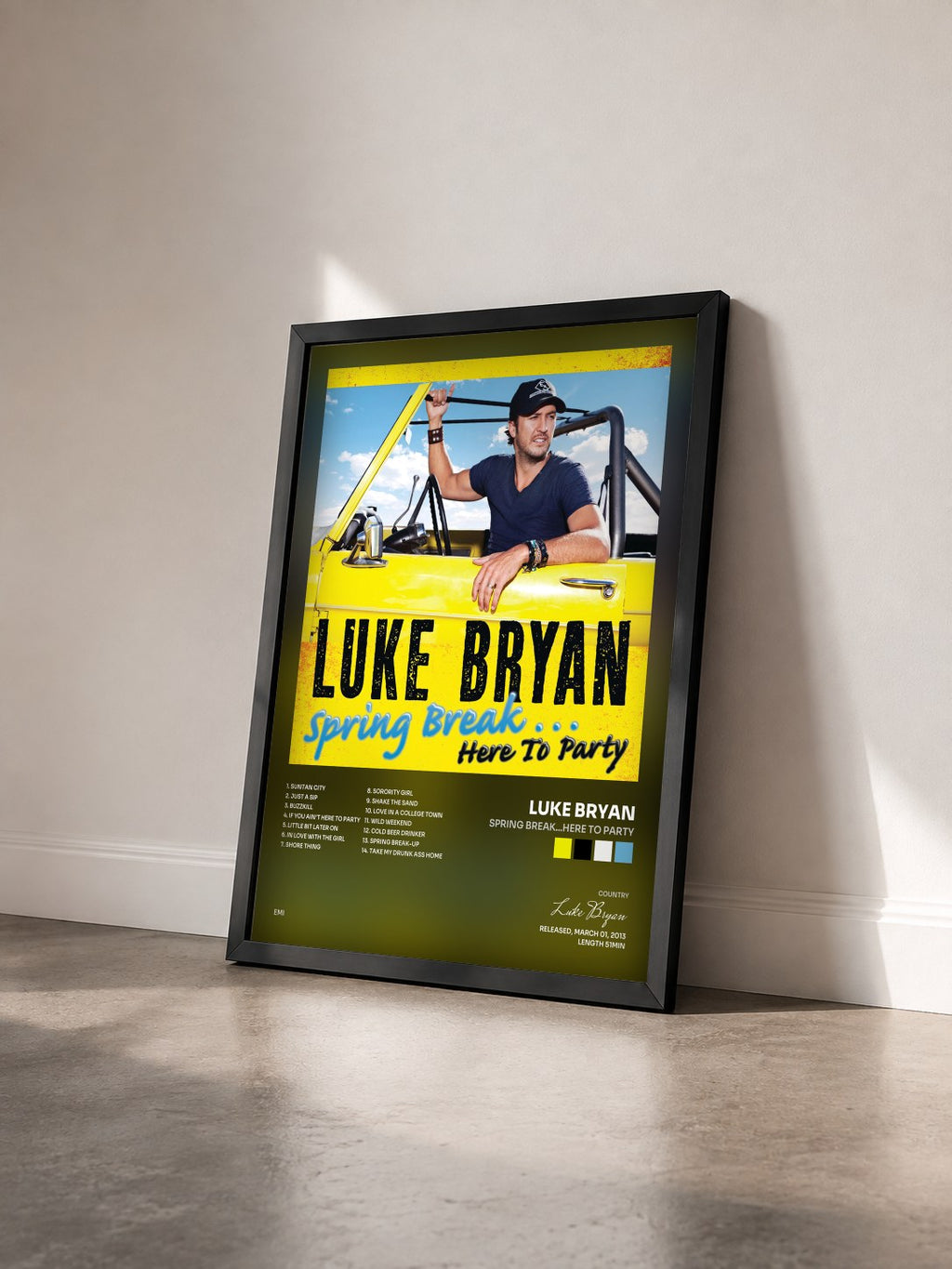 #noir Tableau de l'album Spring Break...Here To Party de Luke Bryan vu de trois quarts, cadre noir