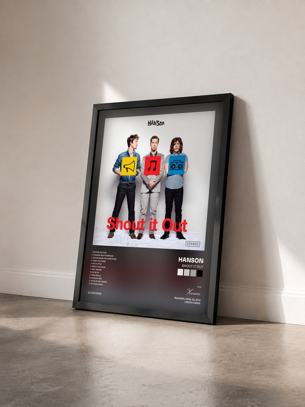 #noir Tableau de l'album Shout It Out de Hanson vu de trois quarts, cadre noir