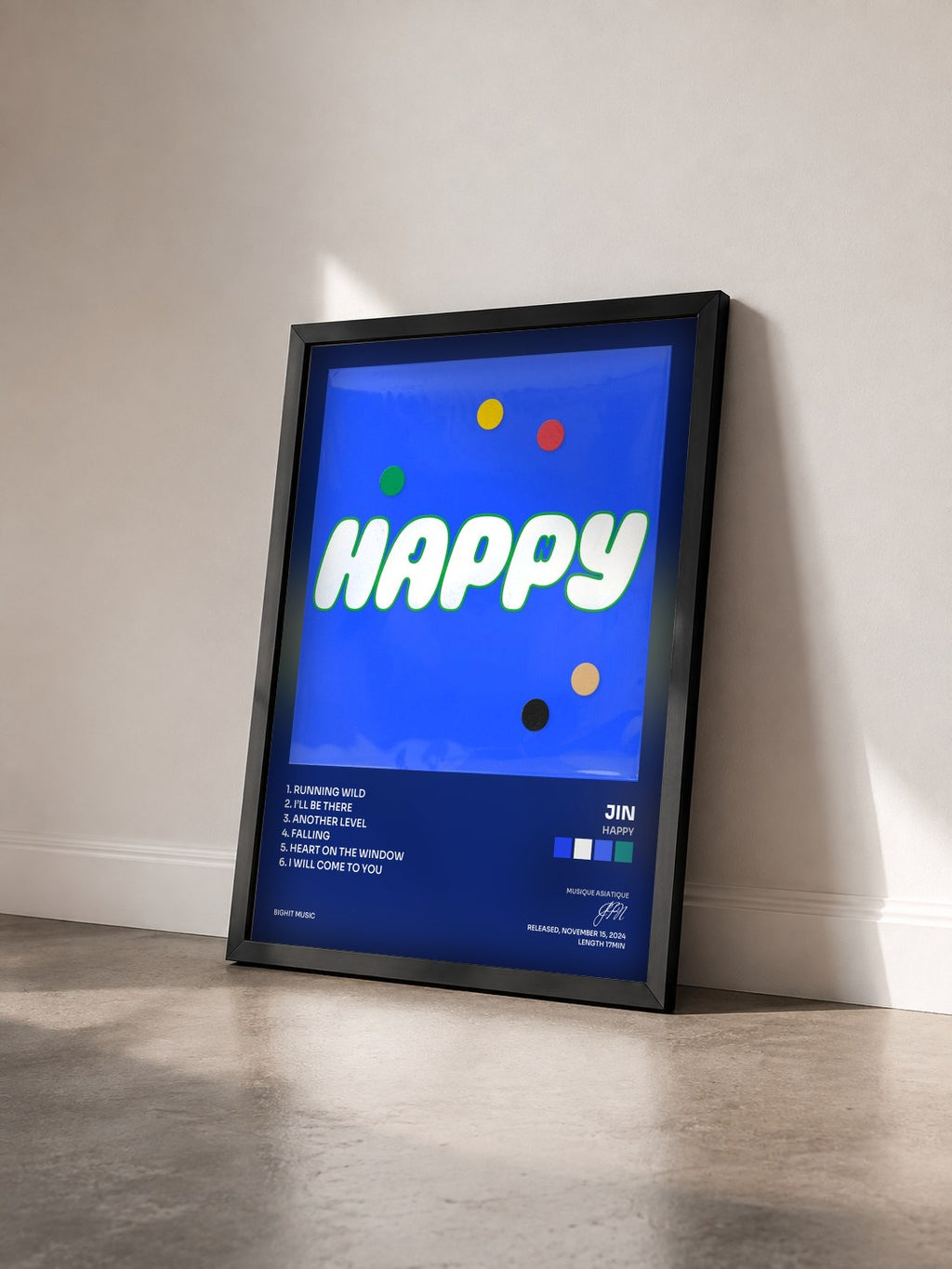 #noir Tableau de l'album Happy de JIN vu de trois quarts, cadre noir