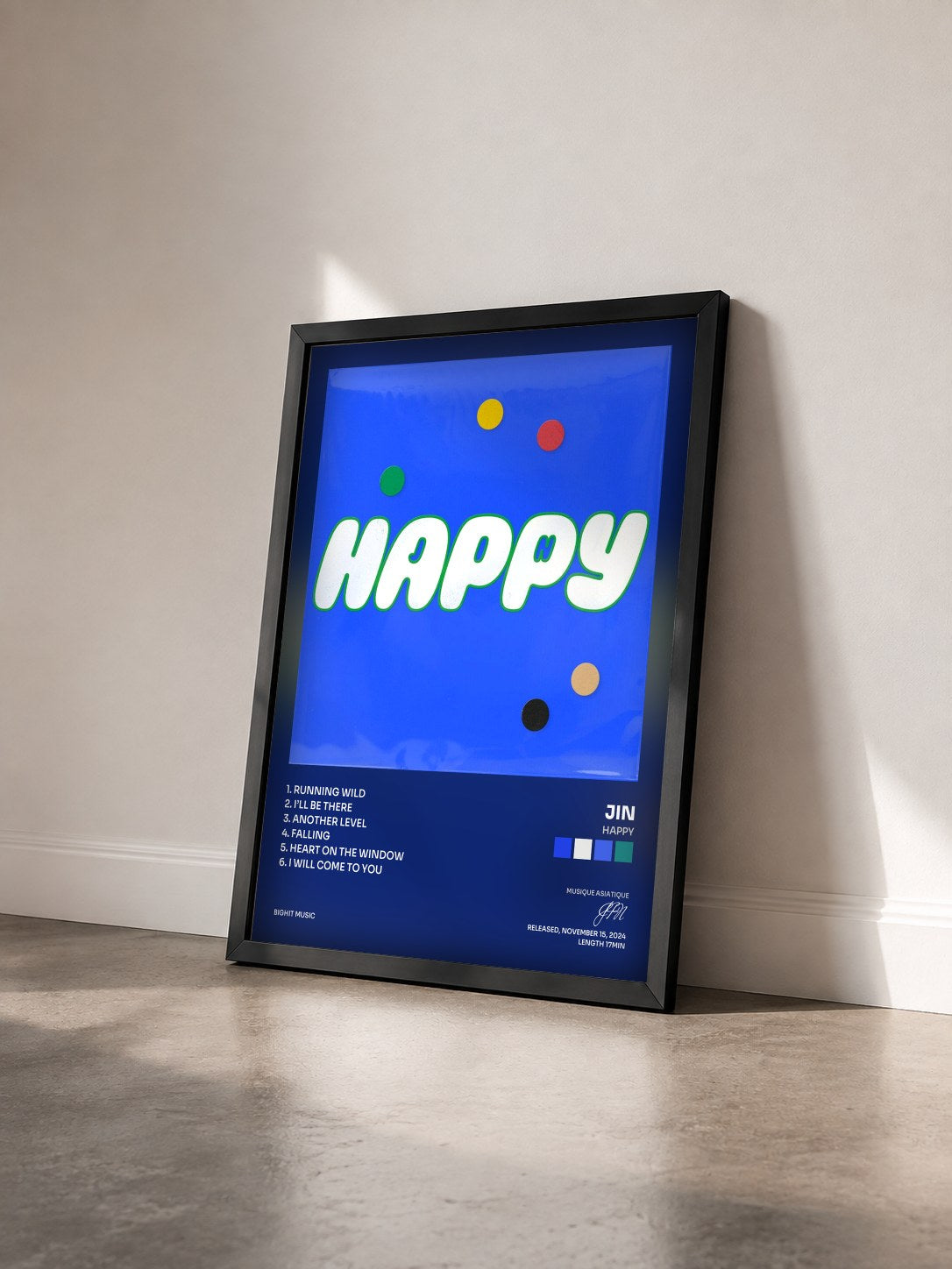 #noir Tableau de l'album Happy de JIN vu de trois quarts, cadre noir
