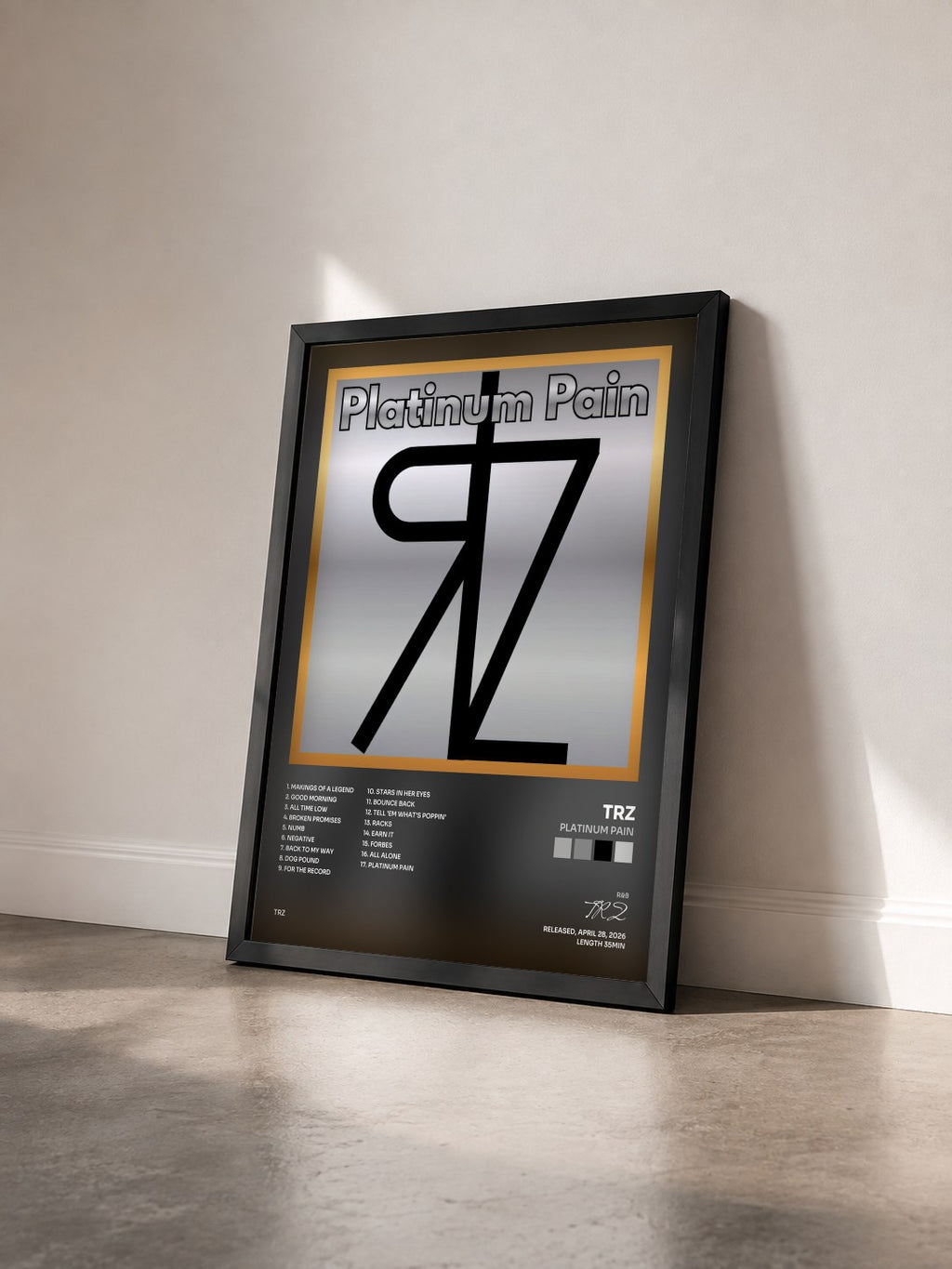 #noir Tableau de l'album Platinum Pain de TRZ vu de trois quarts, cadre noir