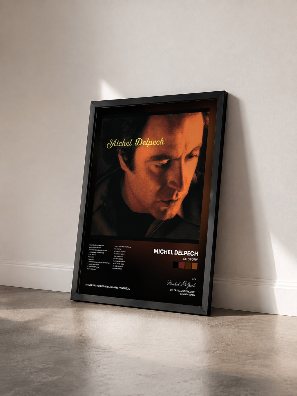 #noir Tableau de l'album CD Story de Michel Delpech vu de trois quarts, cadre noir