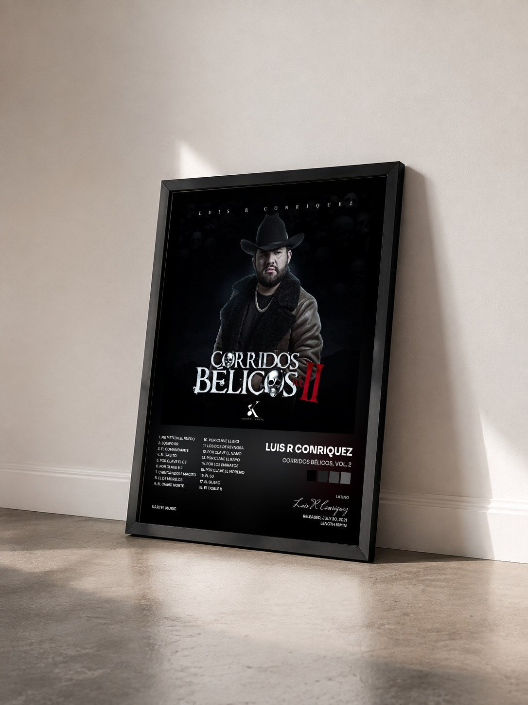 #noir Tableau de l'album Corridos Bélicos, Vol. 2 de Luis R Conriquez vu de trois quarts, cadre noir