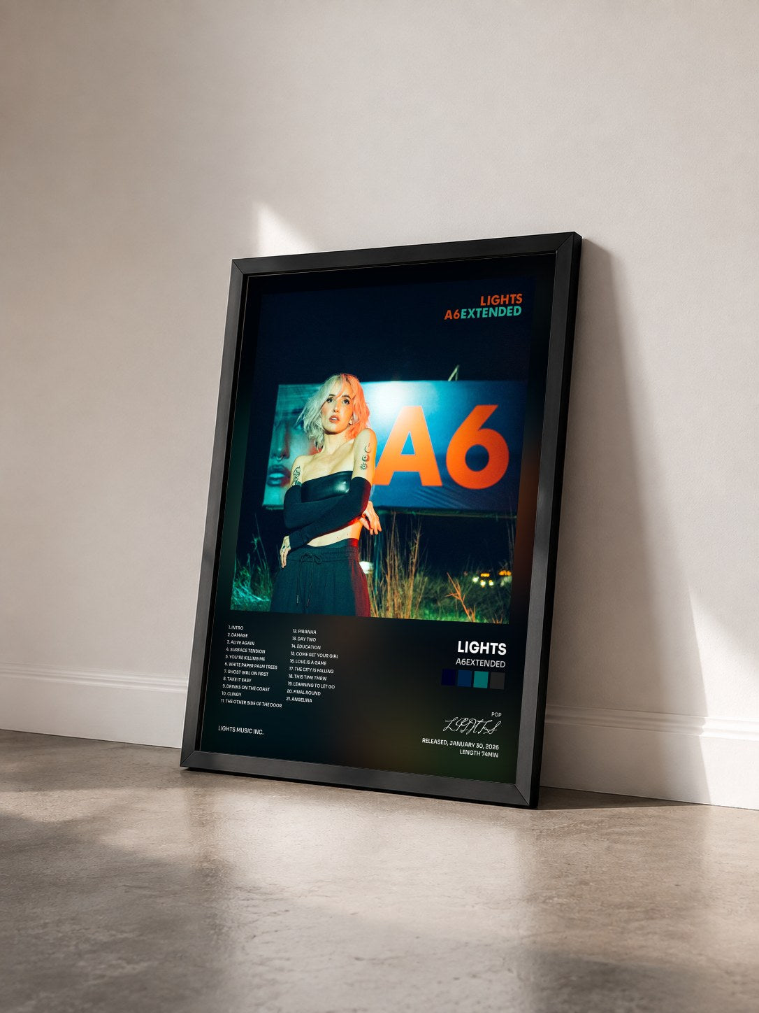 #noir Tableau de l'album A6EXTENDED de LIGHTS vu de trois quarts, cadre noir