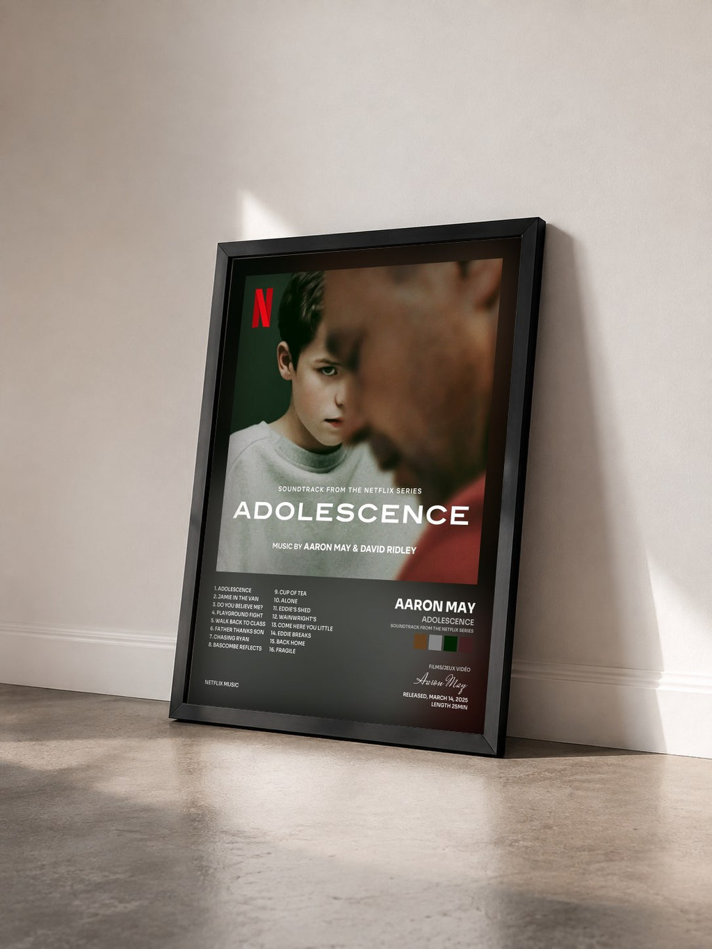 #noir Tableau de l'album Adolescence (Soundtrack from the Netflix Series) de Aaron May vu de trois quarts, cadre noir