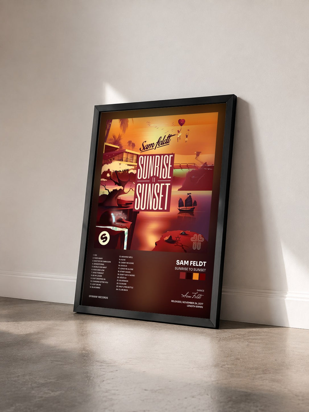 #noir Tableau de l'album Sunrise To Sunset de Sam Feldt vu de trois quarts, cadre noir