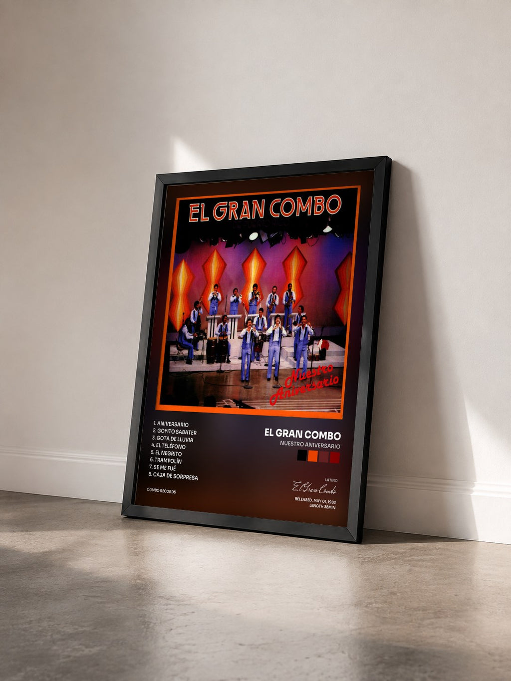 #noir Tableau de l'album Nuestro Aniversario de El Gran Combo vu de trois quarts, cadre noir