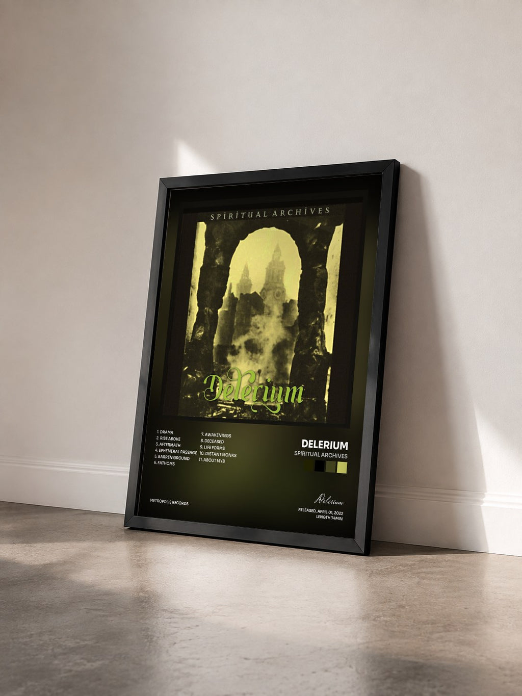 #noir Tableau de l'album Spiritual Archives de Delerium vu de trois quarts, cadre noir