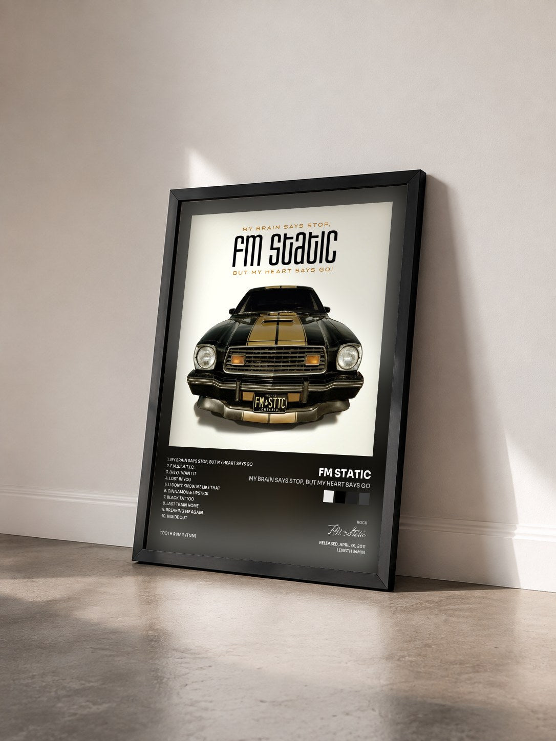 #noir Tableau de l'album My Brain Says Stop, But My Heart Says Go de FM Static vu de trois quarts, cadre noir