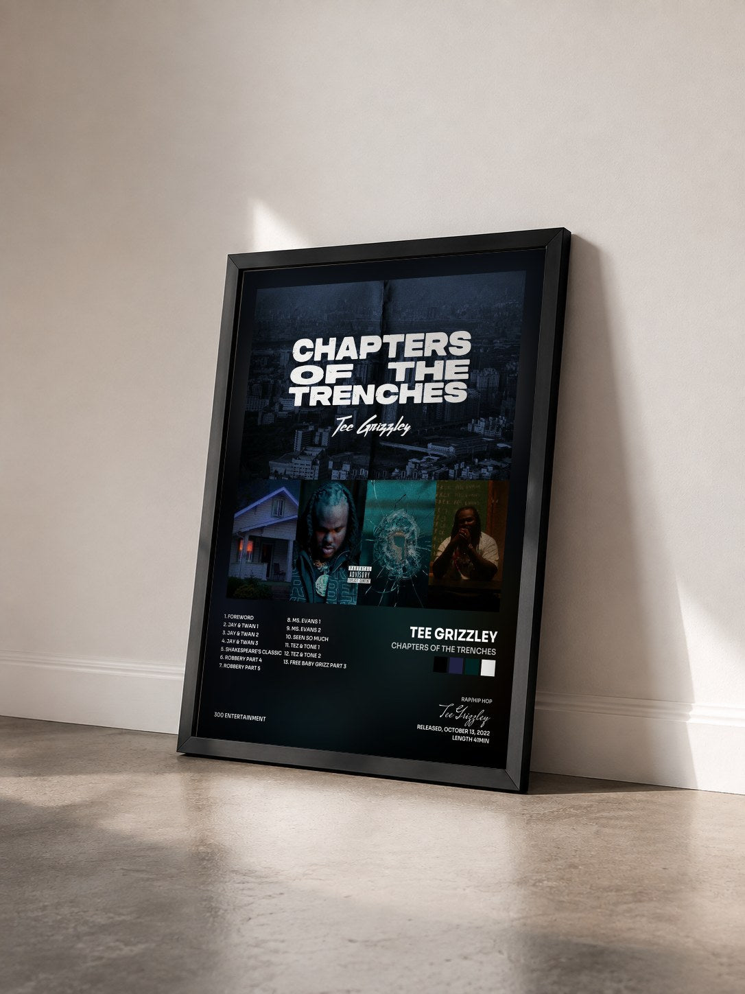 #noir Tableau de l'album Chapters Of The Trenches de Tee Grizzley vu de trois quarts, cadre noir